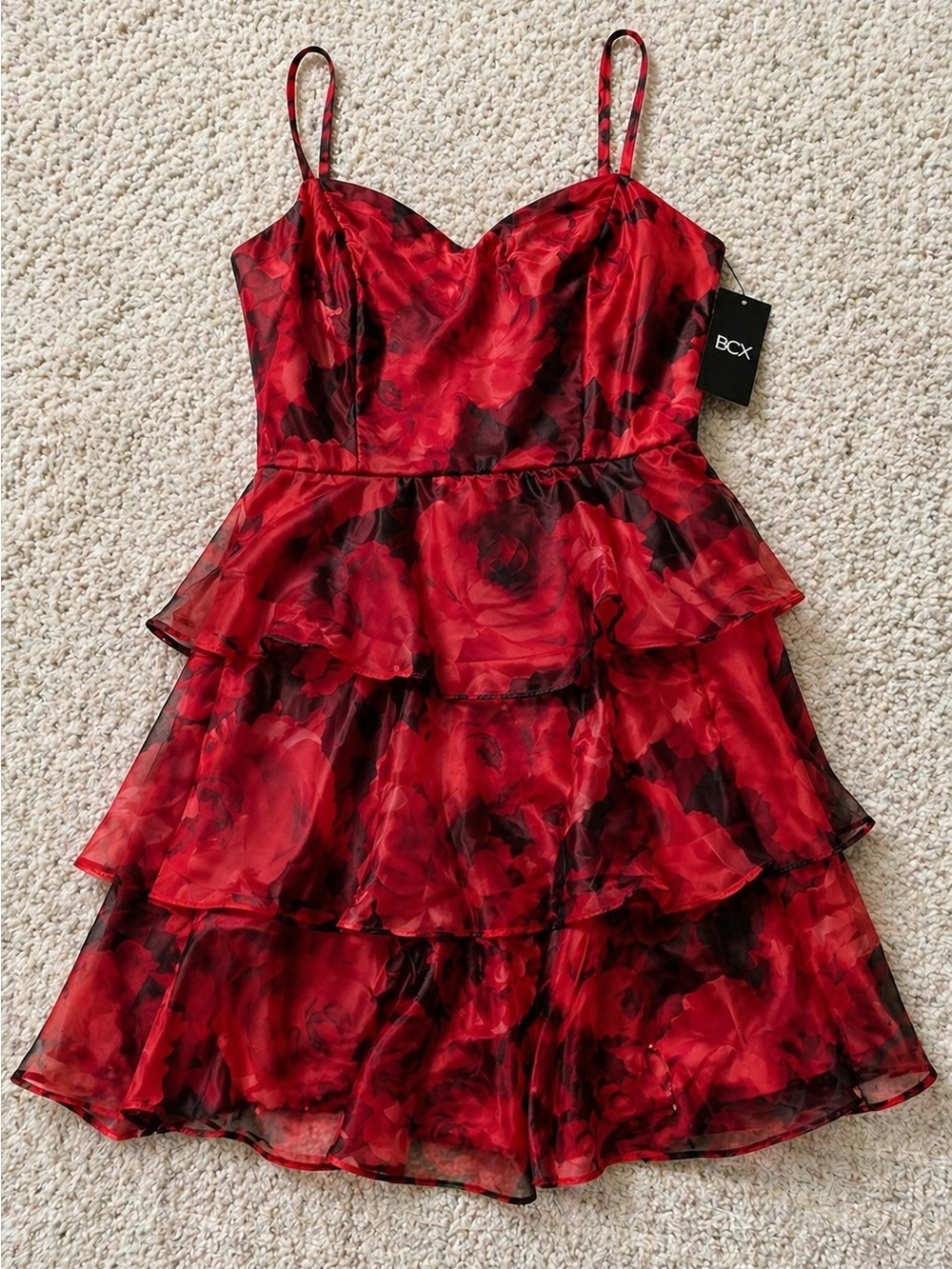 BCX Rose Print Ruffle Fit and Flare Mini Dress Size XL NWT Party Romantic